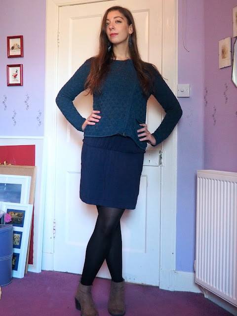True Blue | outfit of bright blue sparkly jumper, dark blue lace dress, with black tights and brown ankle boots