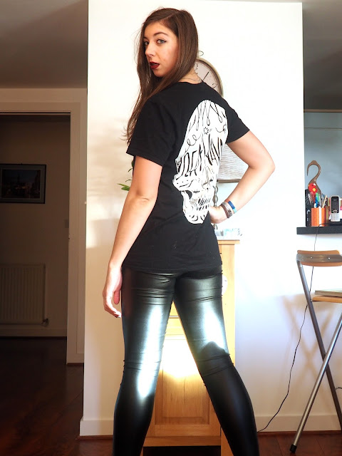 Leather Look | outfit of black Deaf Havana t-shirt with skull print, faux black leather leggings, and black high heeled ankle boots