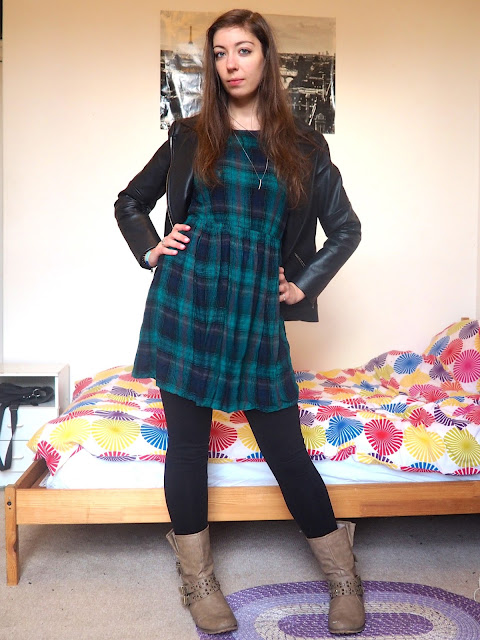 Touch the Sky - outfit of green tartan dress, black leather jacket, and chunky brown boots to Disneybound as Merida from Brave