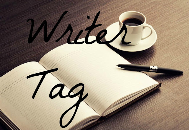 'Writer Tag' text on background of pen, paper, and coffee