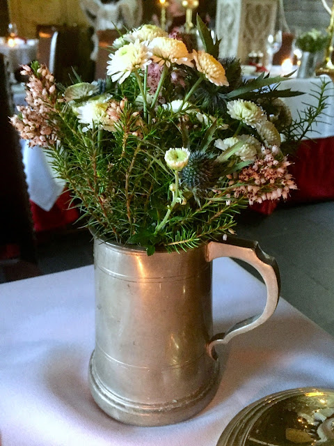 Flower arrangements for afternoon tea in The Witchery by the Castle, Edinburgh