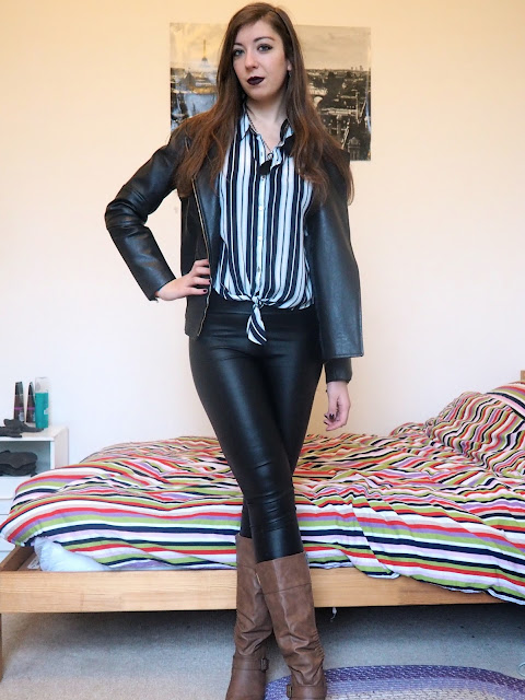 Drink Up Me Hearties - Jack Sparrow Disneybound outfit of leather jacket, striped blouse, black leather leggings, brown knee high boots