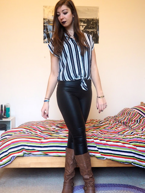 Drink Up Me Hearties - Jack Sparrow Disneybound outfit of striped blouse, black leather leggings, brown knee high boots