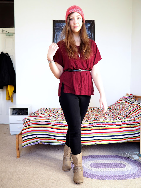 Heigh Ho - Grumpy inspired Disneybound outfit of red tunic top, black skinny jeans, chunky brown boots, and red beanie hat