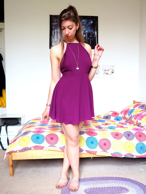 Disneybound outfit as Meg from Hercules - short, bright purple, backless dress, silver sandals & gold jewellery
