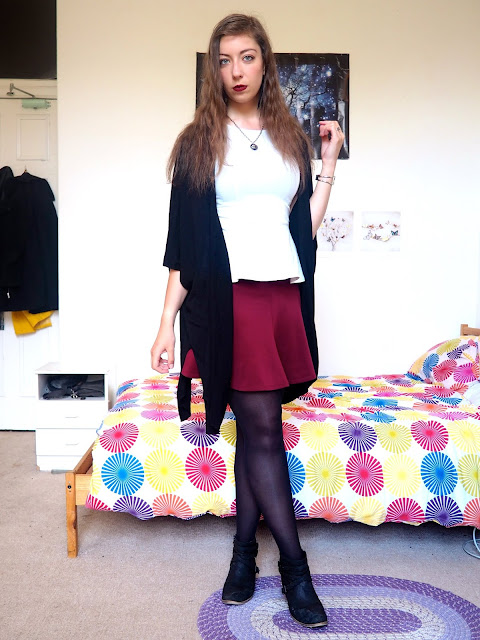 Captain Hook Disneybound outfit - white peplum top, red flared skirt, black cardigan, tights & heeled ankle boots