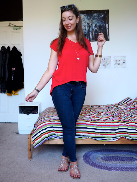 Zero to Hero, Hercules Disneybound outfit of bright red top, blue skinny jeans, strappy sandals & gold jewellery