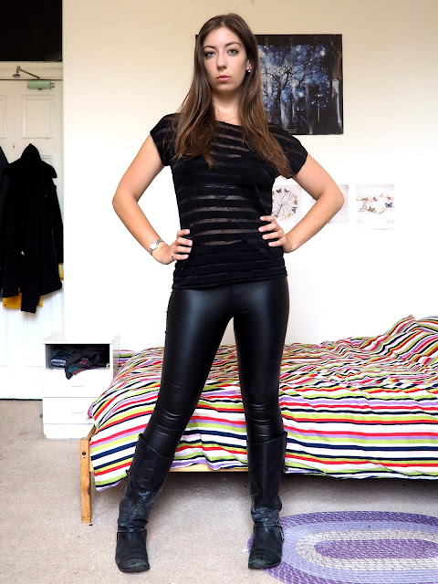 Black Widow Disneybound cosplay outfit of black sheer striped top, leather effect leggings & tall black leather boots