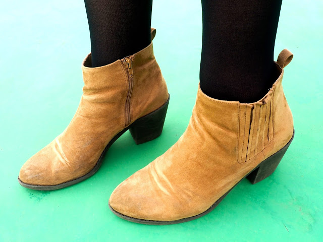 Peter Pan inspired Disneybound outfit shoe details of low heeled brown suede ankle boots