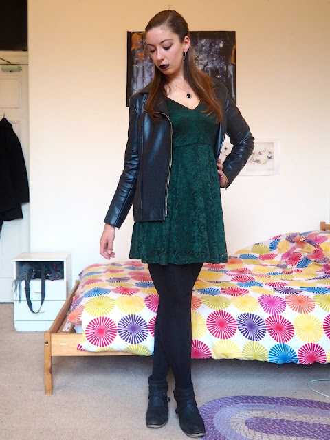 Marvel's Loki inspired Disneybound outfit of dark green lace dress, black leather jacket & black ankle boots