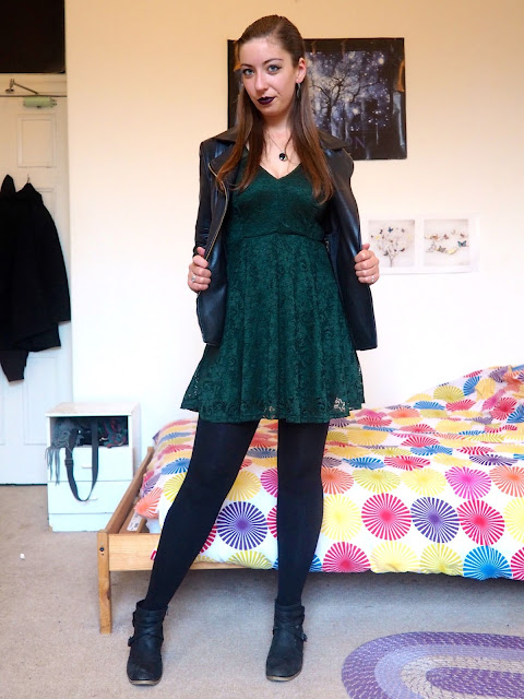 Marvel's Loki inspired Disneybound outfit of dark green lace dress, black leather jacket & black ankle boots