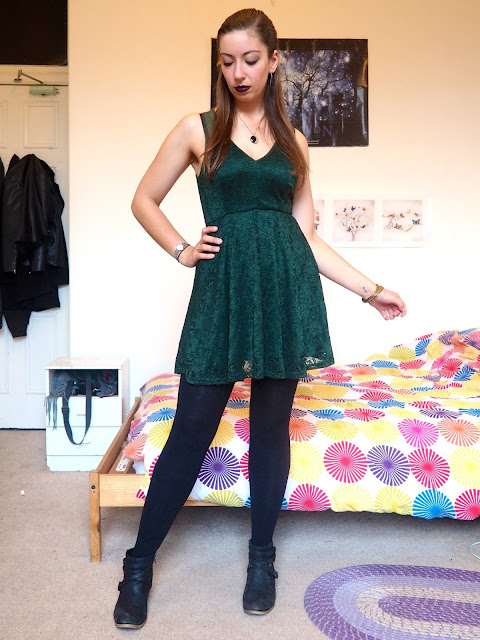 Marvel's Loki inspired Disneybound outfit of dark green lace dress & black ankle boots