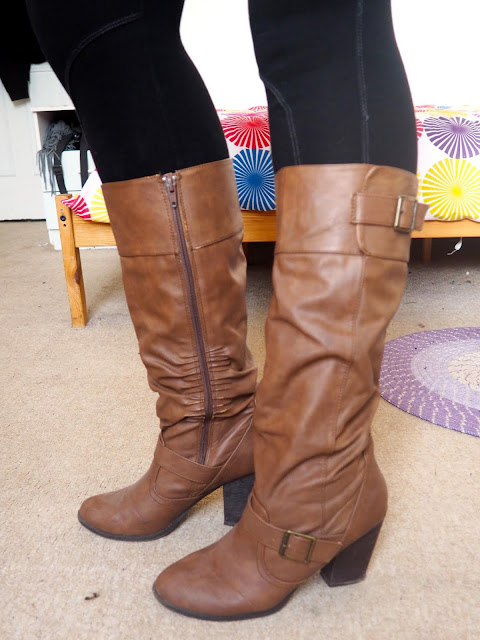 Disneybound Gaston inspired outfit shoe details of tall brown leather high heeled boots