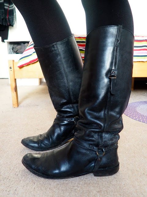 Back to the Start - outfit shoe details of tall black leather riding style boots with straps