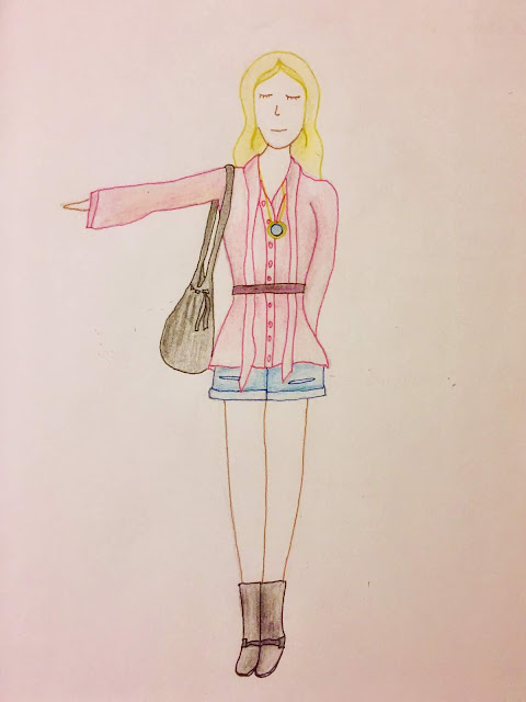 Fashion outfit sketch pencil drawing for fictional character profile, young adult millennial Instagram girl