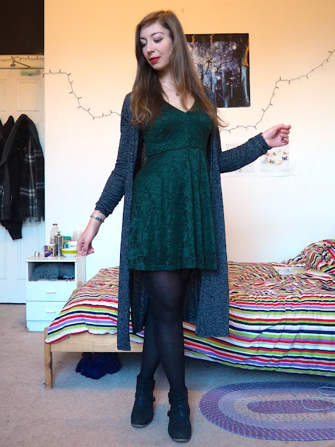Birthday Party | Night out outfit of dark green lace dress, with grey cardigan, black ankle boots and tights