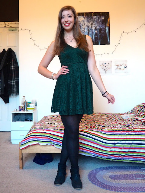 Birthday Party | Night out outfit of dark green lace dress, with black ankle boots and tights