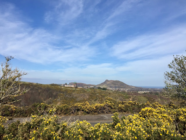 View of Arthur's Seat and Royal Observatory on Blackford Hill from Braid Hills hiking path, Edinburgh, Scotland