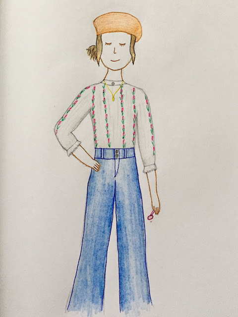 'Extrovert' character sketch, of a girl in an orange beret, flower pattern blouse, and wide blue jeans