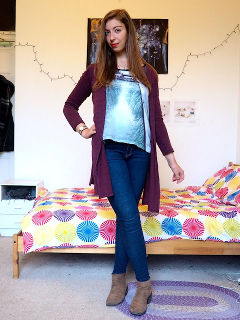 Brunching - outfit of long purple knit cardigan, river reflection print top, blue skinny jeans & brown suede ankle boots