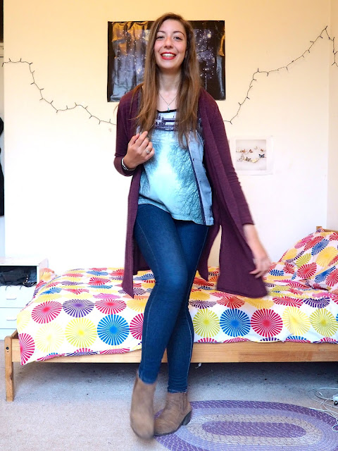 Brunching - outfit of long purple knit cardigan, river reflection print top, blue skinny jeans & brown suede ankle boots