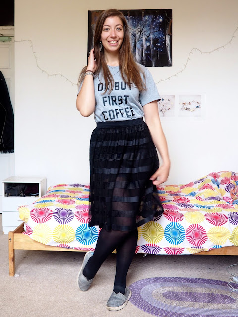 Outfit - 'Ok But First Coffee' grey print t-shirt, black floaty tulle skirt, black tights, grey Toms shoes