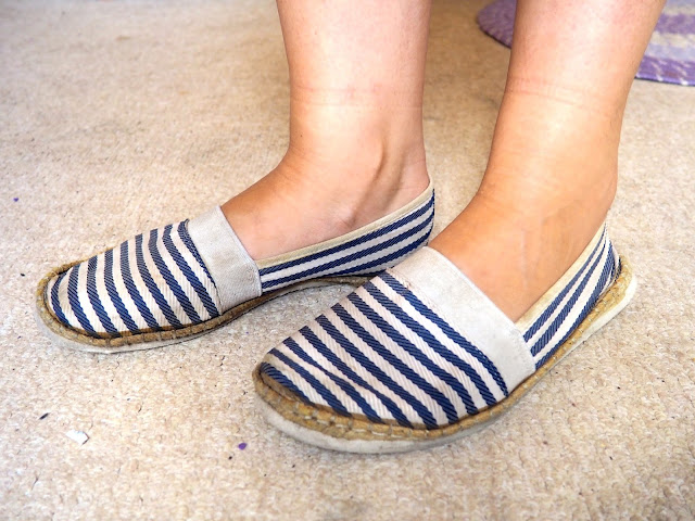 Last Days of Summer - outfit shoe details of blue and white striped slip on 'Toms'-style shoes