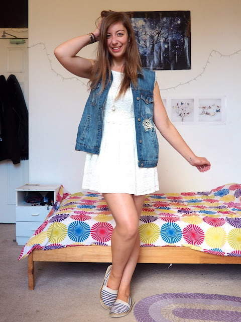 Last Days of Summer - outfit of white lace dress, ripped blue denim waistcoat & blue and white striped shoes