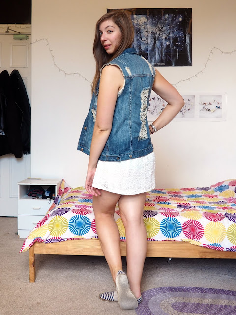 Last Days of Summer - outfit of white lace dress, ripped blue denim waistcoat & blue and white striped shoes