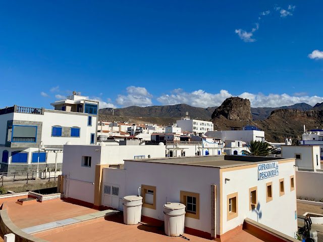 Blue and white houses by the port of Agaete, Gran Canaria, Spain