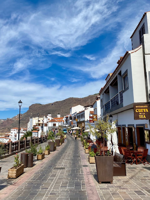 Main street of white buildings in Tejeda, Gran Canaria, Spain