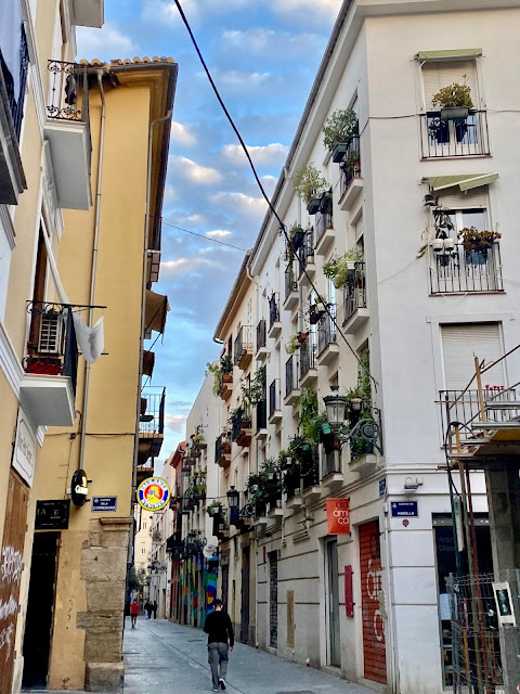 Streets of flats lined with balconies in the old historic centre of Valencia, Spain