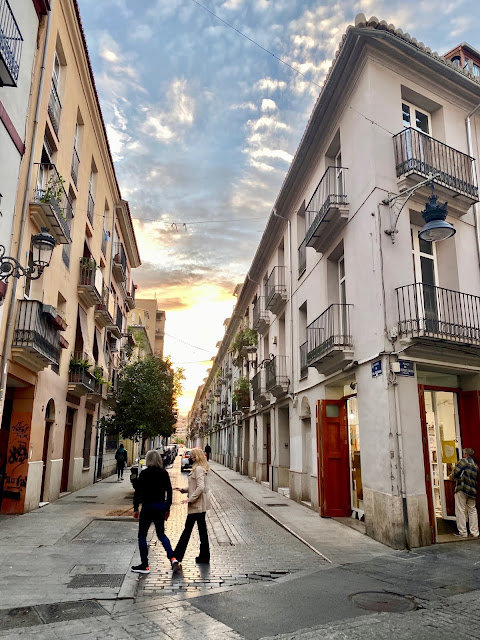 Dusk in the streets of the old historic centre of Valencia, Spain