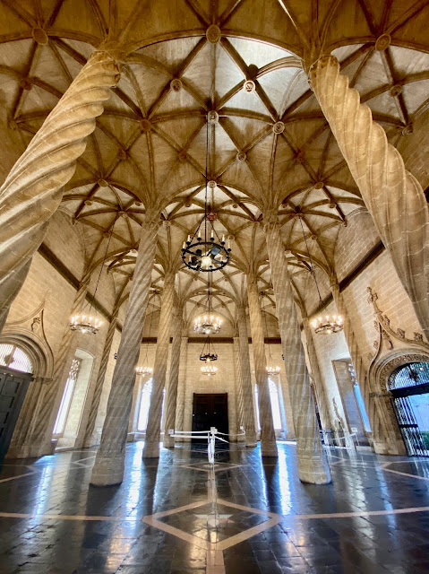 Gothic hall of pillars in La Lonja de la Seda, Valencia, Spain