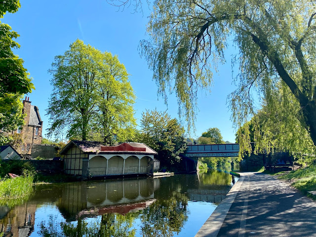 Boathouses under the trees along the Union Canal, Edinburgh, Scotland