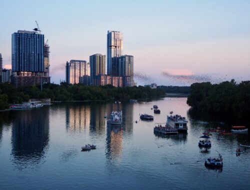 Weekend in Austin - feature photo - bat colony flying above boats and kayaks in the river at pink dusk with glass tower buildings in the background