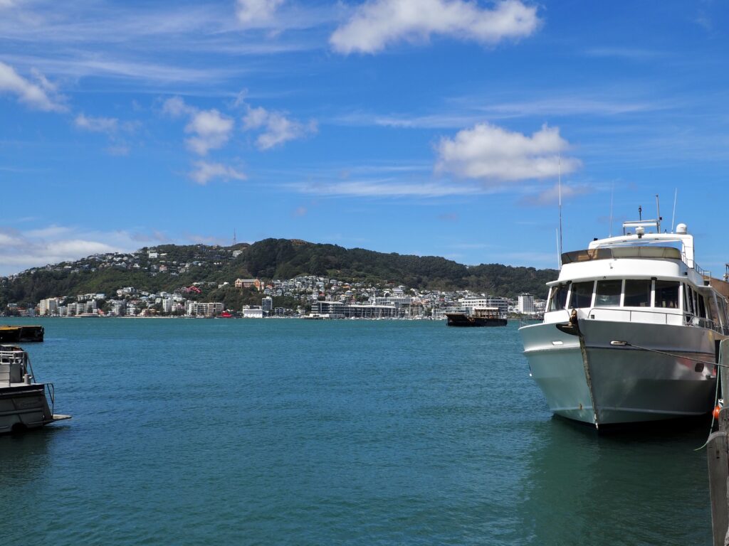 Highlights of Wellington - second feature photo - boat in Wellington harbour with hill and houses in the background, New Zealand