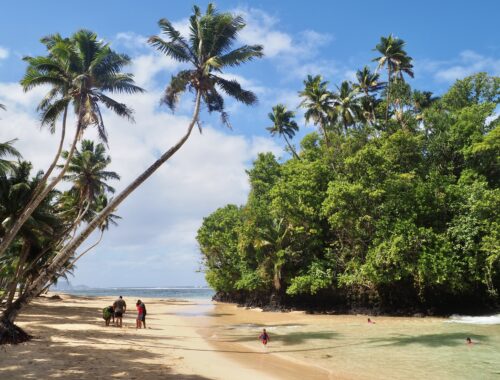 A Week in Samoa - feature photo - palm trees over white sand Vavau beach and a small tree-covered peninsula