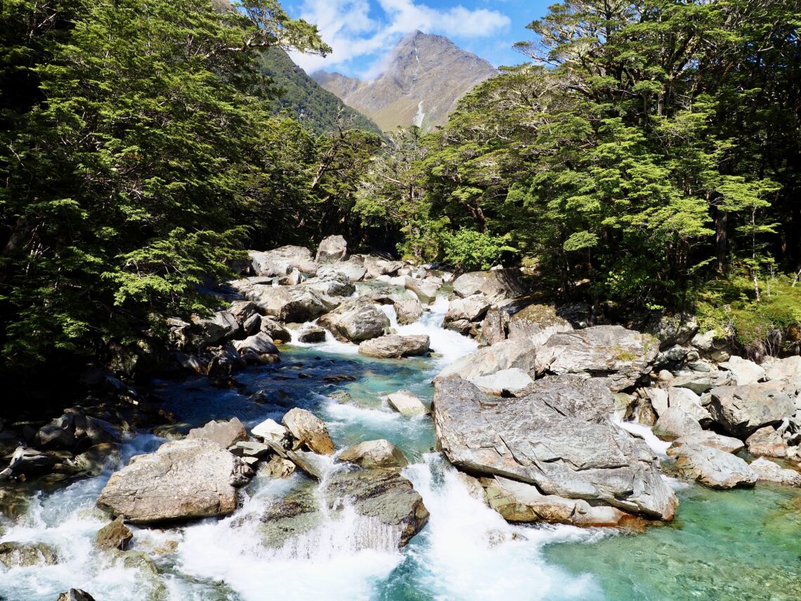 A Week in Queenstown - feature photo - hiking the Routeburn Track - view of a turquoise river flowing over large rocks, with tree on the banks and a mountain in the background - New Zealand's South Island