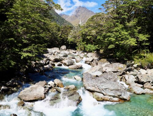 A Week in Queenstown - feature photo - hiking the Routeburn Track - view of a turquoise river flowing over large rocks, with tree on the banks and a mountain in the background - New Zealand's South Island